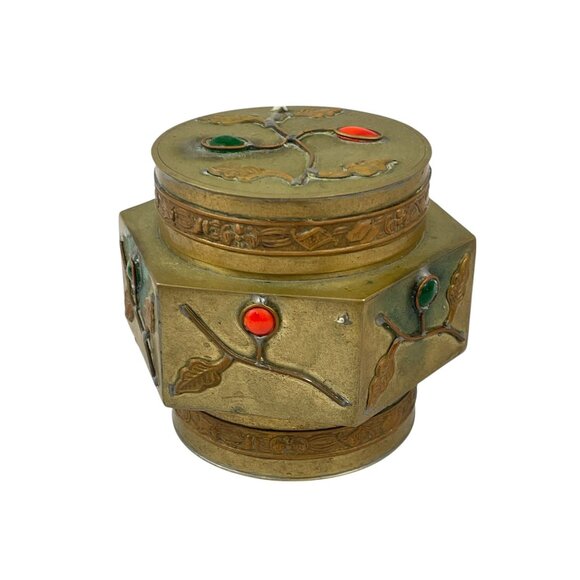 Vintage Chinese Brass Trinket Box With Enamel Inlays Decorative Lid Snuff - Picture 10 of 13